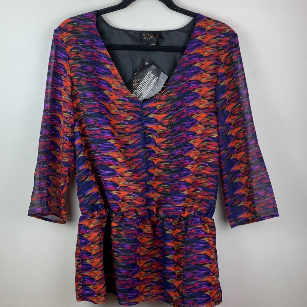 Iman Global Chic Vibrant Rushed V Neck Peplum Blouse NEW!